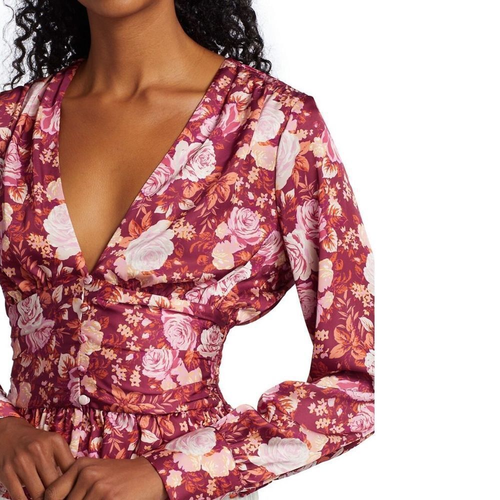 Wayf Rose Print V-Neck Long Sleeve Blouse - Burgundy & Pink